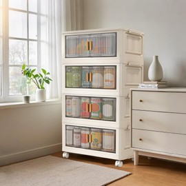 GarveeHome Plastic Stackable Storage Bins, 4 Pack 84QT Folding Storage Boxes with Doors and Wheels Closet Organizers and Storage Open Front Home Containers Boxes for Bedroom Dorm