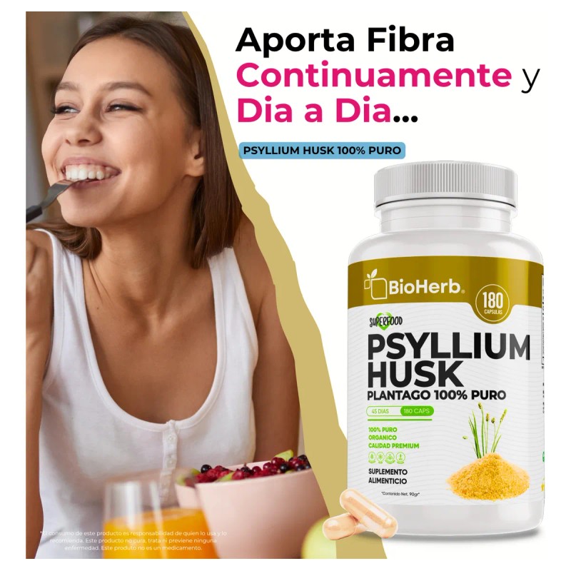 Psyllium Husk Fibra Altamente Soluble 180 Capsulas Bioherb Sin Sabor