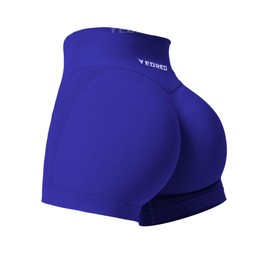 YEOREO - Pantalones cortos de entrenamiento para mujer, 3.5 pulgadas, sin costuras, cintura cruzada en V, pantalones cortos deportivos para gimnasio, amplificados, Azul oscuro, Large