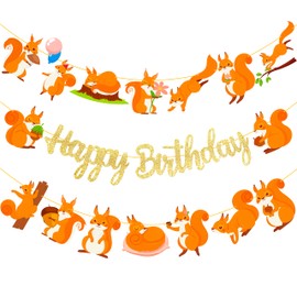 Squirrel Birthday Party Banners 3Pcs Squirrel Birthday Decorations Gold Glitter Happy Birthday Banners Woodland Themed Party Decorations for Woodland Birthday Forest Animal Baby Shower Supplies