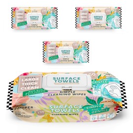 Juniper CLEAN 3 Packs Surface Cleaning Wipes, Thick & Large Dispose, All-Purpose Cleaner for Bathroom, Kitchen, Office, 300 Count Soft Flow, Biodegradable, White Soap Scent