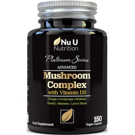 Mushroom Complex 6 Supplement - 150 Vegan Capsules - High Potency Superblend of Lions Mane, Chaga, Cordyceps, Shiitake, Reishi, Maitake Mushrooms with Vitamin D - Made in The UK - Nu U Nutrition