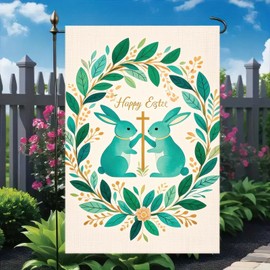 BlissYard Easter Garden Flag Easter Decorations Double-Sided 12x18 Inch Bunny and Cross Design Backdrop with Floral Wreath Background Yard Decor for Outdoor Spring Easter Decorations