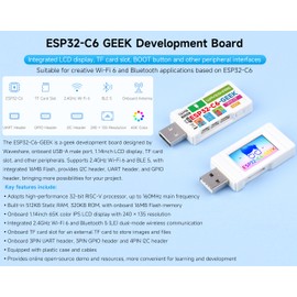 ESP32-C6 Geek Development Board, Based on ESP32-C6, Support 2.4GHz Wi-Fi 6 and BLE 5, Integrated 16MB Flash, with 1.14inch IPS LCD 240 × 135 Resolution 65K Color, USB-A，I2C/UART/GPIO Header, etc.