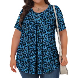 Womens Plus Size Tops Tunic Short Sleeve Crew Neck Shirts Casual Soft Blouse Blue Small Flowers 5X