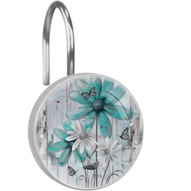 Daisy Butterfly on Teal Plank Shower Curtain Hooks Set of 12, Decorative Shower Curtain Rings for Bathroom, Rust Resistant Shower Curtain Hangers Bathroom Decor Accessories
