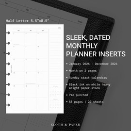 Cloth & Paper 2026 Dated Monthly Planner Inserts | Half Letter Size 5.5 x 8.5 Inches | Discbound Planner Refill | Sunday Start, 84 Pages | 8 Disc Punch | Monthly Organizer Pages | Heavyweight Paper