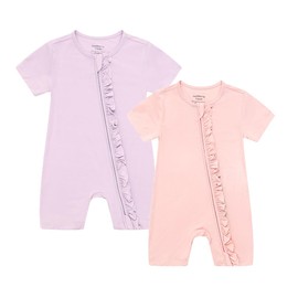 JunNeng Baby 2 Pack Rayon of Bamboo Romper Sleeper Infant Soft Short Sleeve Jumpsuit Zipper Footless One-piece Coverall Pink +Purple 6-12 Months
