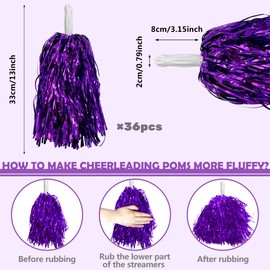 36PCS Cheerleading Pom Poms Metallic Foil Plastic Pom Poms with Baton Handle for Game Sports Squads Dancing Party Football Basketball Club Spirit Sports Stage Performance Celebration (Purple)