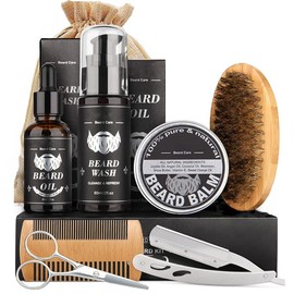 Kit Cuidado Barba 8 en 1, Kit Barba para Hombre, Incluye Navaja Afeitar, Champú Barba, Aceite Barba, Cepillo Barba, Barba Tijeras, Peine Barba, Regalos Perfecto Originales para Hombre o Papa-Negro