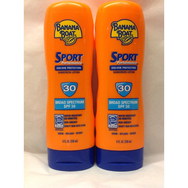 Banana Boat Water Resistant Sport Performance Broad Spectrum SPF 30 Sunscreen Lotion, Swim Splash Sport - Up to 80 Minutes Water Resistant, 8 Fl Oz (Pack of 2)