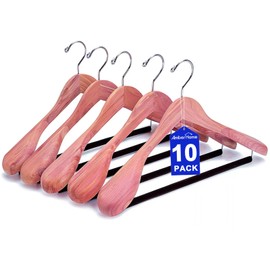 Amber Home 10 Pack American Red Cedar Wood Coat, Suit Hangers with Extra Wide Shoulder, Wooden Jacket Clothes Hanger Smooth Deluxe Aromatic Natural Cedar with Non Slip Velvet Pant Bar