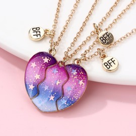 Elefezar BFF Necklace for 3, Split Heart Matching Star Magnetic Pendant Best Friends Necklaces for Women Gold