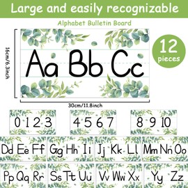 12 Pieces Alphabet Bulletin Board Strips Set Greenery Alphabet Line ABC Alphabet Banner & Number Border Posters for Preschool Kindergarten Classroom Bedroom Playroom (Eucalyptus)