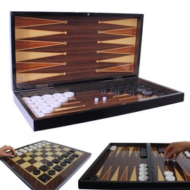 PARK & OZ Walnut 19 inch Premium Turkish Backgammon & Chess Set – Handmade 2-in-1 Wooden Board Game with Glossy Finish – Luxury Checkers & Dice – Foldable & Travel-Friendly