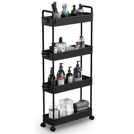 SOLEJAZZ Slim Storage Cart, 4 Tier Bathroom Organizer Mobile Shelving Unit, Rolling Utility Cart Slide Out Organizer for Kitchen, Bathroom, Laundry, Narrow Places, Black