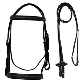 Equitem Leather English Fancy Stitched Padded Bridle with Matching Web Reins (Black, Horse)