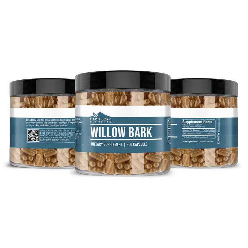 Earthborn Elements Willow Bark Extract (200 Capsules) Pure & Undiluted,