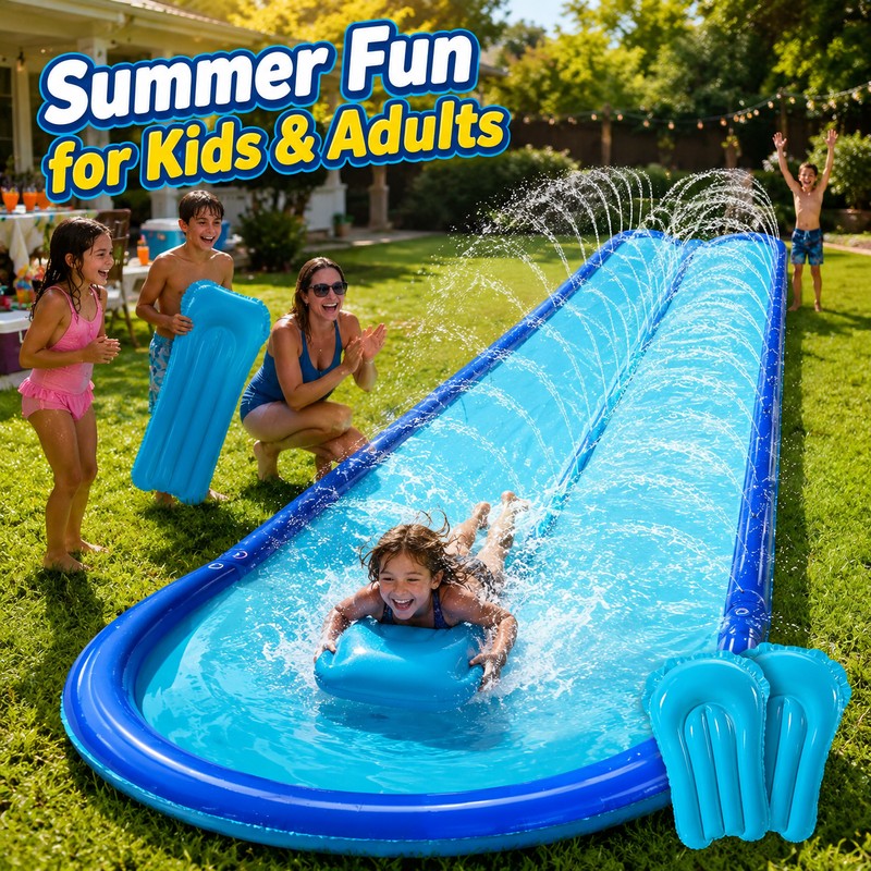 Extra-Wide Backyard Water Slide with Dual Sprayers & 2 Bodyboards