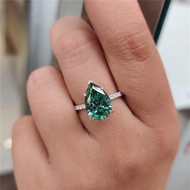 925 Sterling Silver Shiny Full Diamond Gemstone Ring 18K Gold Teardrop Emerald Cubic Zirconia Promise Ring CZ Diamond Multi Row Rings Eternity Engagement Wedding Party Ring for Women A.11 (US Code 9)