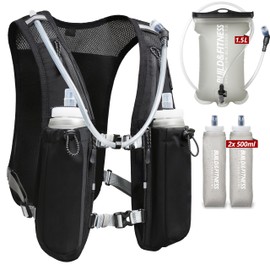 Running Hydration Vest for Women and Men, 8 Pocket, Quick Dry, Water-Resistant, Breathable, Black Vest + 1.5 L Bladder + 2 x 500 ml Soft Flasks, Adjustable Backpack for Runs, Hiking, Cycling
