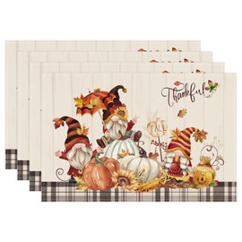 Bonhause - Juego de 4 manteles individuales de gnomos, calabazas de otoño, 12 x 18 pulgadas, estacional de otoño, hojas de arce, Acción de Gracias, cocina, comedor, tapetes lavables para interiores y