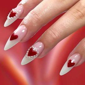 24Pcs Press on Nails Almond Glossy Full Cover Acrylic Pink White Gradient Medium False Nails with Red Heart Rhinestone Designs Artificial Nails Valentine's Day Fake Nails Stick on Nails for Women