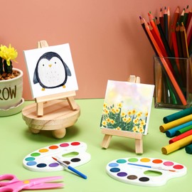 Zubebe 12 Set Mini Canvas Painting Kit, Mini Watercolor Paint Sets, 4 x 4 Inch Canvas with Wooden Easel, 12 Colors Watercolor Palette Brush Bulk for Adults Beginner Art Party Favors (Square Shaped)