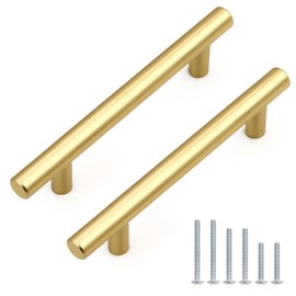 Probrico 5 Pack Hole Centers (96mm) 3.75inch Gold Kitchen Cabinet Handles Stainless Steel Polished Gold Cabinet Pulls Round T Bar Pull Handle for Cabinets and Drawers Total Length 6inch(150mm)