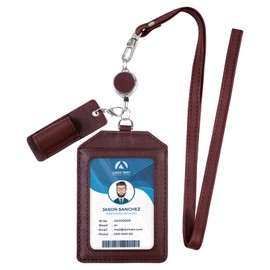 Boshiho ID Card Holder, Genuine Leather, Card Case with Reel, Vertical, Neck Hanging, Double-Sided, Name Holder, Commuter Holder, Employee ID Card Storage, Pen Holder, Key Holder, Neck Strap, Stylish,