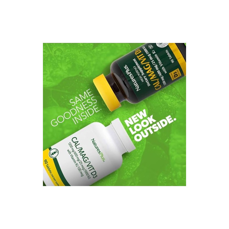 NaturesPlus Calcium Magnesium Vitamin D3 K2 Supplement - Bone, Teeth