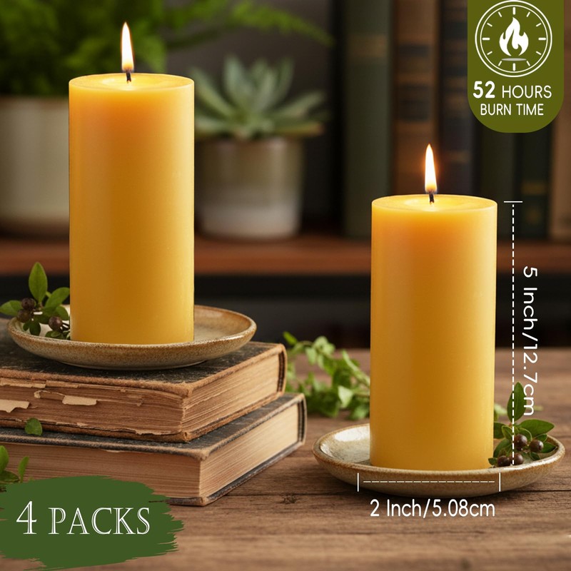 2x5 Inch Beeswax Candles, 4 Packs, 100% Natural Beeswax Pillar