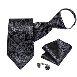 DiBanGu Silk Zipper Ties for Men,Paisley Solid Plaid Pre-tied Tie and Pocket Square Cufflinks Set Formal Adjustable Necktie, Black and Grey