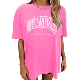 vblane Oversized T Shirts for Women Short Sleeve Summer Loose Vintage Graphic Tees LA Hot Pink Small