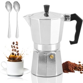 Ausein Cafetera Italiana 6 Tazas/300ml, Cafetera Espresso Manual de Aluminio para Café, Moka Pot Portatil con 2 Cucharas de Café, para Estufa, Casa, Oficina, Restaurante y Camping (Plateada)