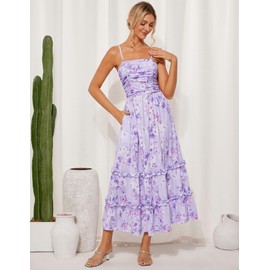 Womens Square Neck Sun Dresses 2025 Summer Floral Print Tiered Ruffle Party Maxi Boho Dresses