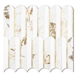 Vamos Tile Peel and Stick Backsplash Seamless Tile,10 Sheets Stick on Backsplash for Kitchen and Bathroom, 12''x12'' White Marble Look PVC Mixed Metal Gold Self Adhesive Fish Scale Mosaic Wall Tiles