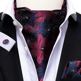 Hi-Tie Silk Ascot - Juego de gemelos para hombre con solapa para hombre, diseño de cangrejos y flores, para bodas, fiestas, A Navy and Red, Medium
