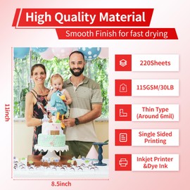 Glossy Thin Inkjet Printer Paper 115gsm 30Lb 220 Sheets 8.5x11 Inches for DIY Chip Bag and Print Brochure Flyer,Compatible Inkje Printer and Dye ink Elygrap
