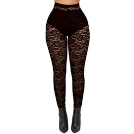 Women's Lace Floral Tights Leggings - See Through High Waisted Legging Sheer Pantyhose Ankle Length Black L