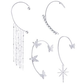 Tornito 4Pcs Butterfly Long Tassel Ear Cuff Dangle Chain Earrings Wrap Crawler CZ Earrings No Piercing Ear Clip Wrap Around Fake Earrings for Women Silver Tone Right Ear