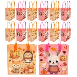 TINYMILLS Autumn Woodland Animal Party Favor Goody Bags, Thanksgiving Fall Themed Bags, 12 Pack