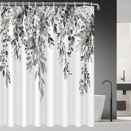 Nuseiis Black and White Eucalyptus Leaves Shower Curtains 72 x 72, Fabric Gray Shower Curtain Sets, Floral Plant Bathroom Curtain Decor with Hooks