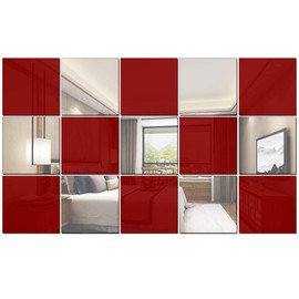 Betinyar 15 Pieces Removable Square Acrylic Mirror Wall Decor, Self-Adhesive Mirror Wall Sticker Decal, Non-Glass Mirror Stickers for Home Living Room Bedroom Decor (red,Silver)