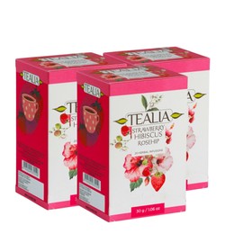 Strawberry Hibiscus Rosehip Herbal Teabags – Tealia Fruit Infusion, 1.5g x 20 Individually Wrapped, Multi Pack of 3 – Caffeine Free Flavoured Herbal Blend for Iced or Hot Drinks