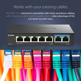 D-Link 7-Port 2.5GB Unmanaged Gaming Switch with 2 x 2.5G, 5 x 10/100/1000 Mbps - Multi-Gig, Network, Fanless, Plug & Play (DMS-107) Black