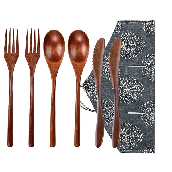 Wsevinn Wooden Spoon Fork Knife Eating Flatware Set Portable Utensil