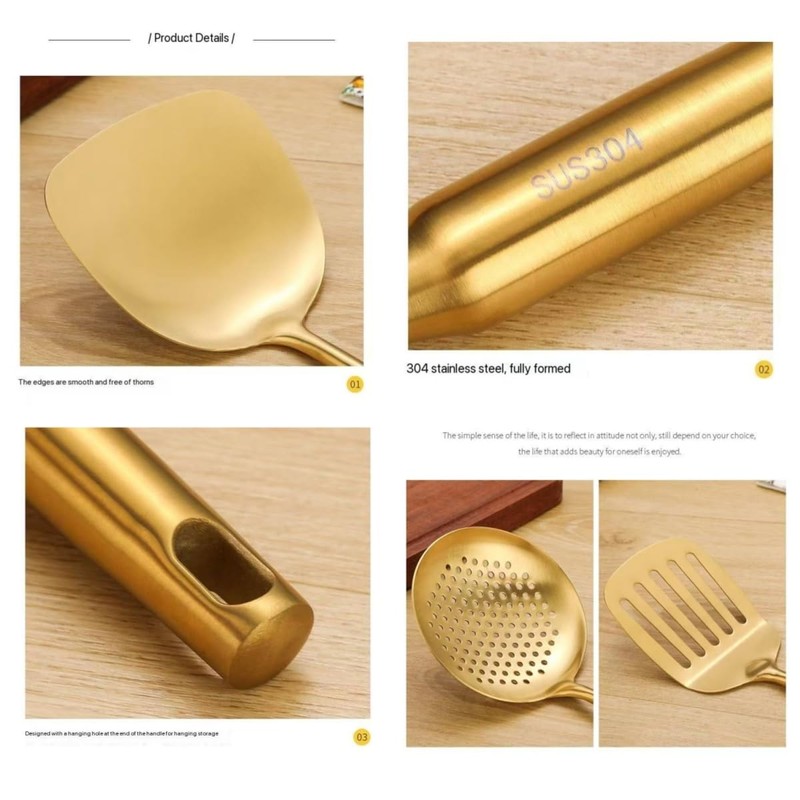 Premium 7-Piece Gold Kitchen Utensil Set with Stand, Stainless Steel