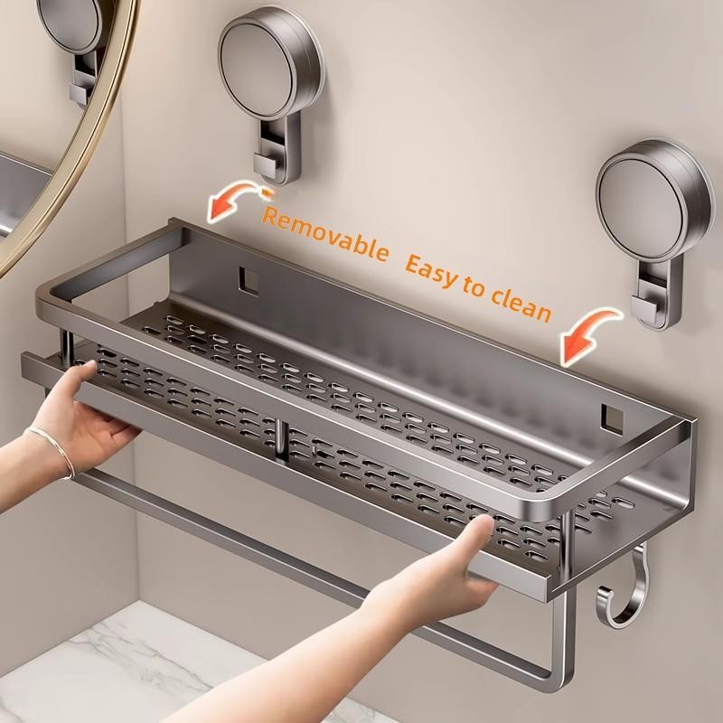 Aluminum Bathroom Suction Cup Storage Rack Wall-Mounted No-Drill Towel Rack