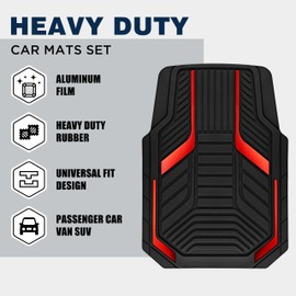 PIC AUTO Heavy Duty Rubber Floor Mats, Red Aluminum Film Car Mats Set, Front and Rear Car Mats with Anti-Slip Backing, All Weather Protection, Trim-to-Fit for Automotive SUV, Sedan, Van